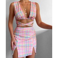 Plaid Print Bandage Crop Top & Slit Skirt Set - pink