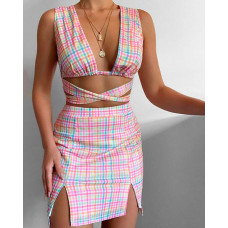 Plaid Print Bandage Crop Top & Slit Skirt Set - pink