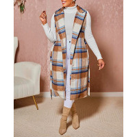 Plaid Print Belted Longline Vest Coat - khaki