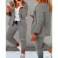 Plaid Print Blazer Coat & Drawstring Pants Set - gray