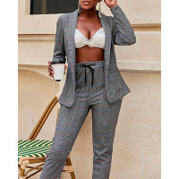 Plaid Print Blazer Coat & Drawstring Pants Set - light gray