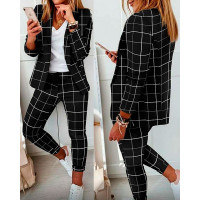 Plaid Print Blazer & Drawstring Pants Set - black