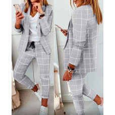 Plaid Print Blazer & Drawstring Pants Set - gray