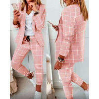 Plaid Print Blazer & Drawstring Pants Set - pink