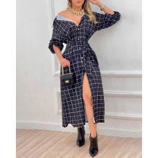 Plaid Print Button Design Shirt Dress - black