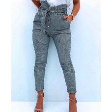 Plaid Print Button Fly O-Ring Buckle Belted Skinny Pants - gray