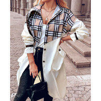 Plaid Print Button Front Longline Trench Coat - brown