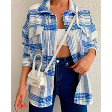 Plaid Print Button Front Pocket Shacket - blue