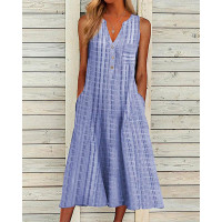 Plaid Print Button Front Sleeveless Casual Dress - blue