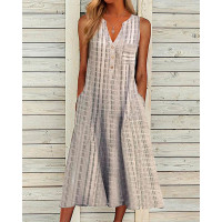 Plaid Print Button Front Sleeveless Casual Dress - gray