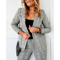 Plaid Print Buttoned Long Sleeve Blazer Coat - gray