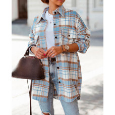 Plaid Print Buttoned Pocket Design Coat - blue