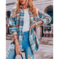 Plaid Print Buttoned Pocket Design Shacket - blue