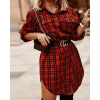 Plaid Print Buttoned Pocket Design Slit Shirt Dress - red