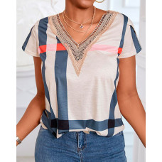 Plaid Print Cap Sleeve Contrast Lace Top - Apricot