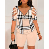 Plaid Print Cold Shoulder Top & High Waist Shorts Set - Apricot