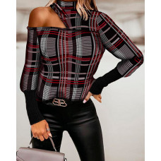 Plaid Print Cold Shoulder Top - Wine red