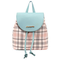 Plaid Print Colorblock Backpack Trendy School Bag - blue