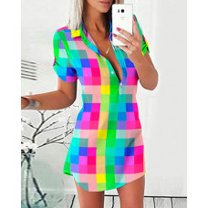 Plaid Print Colorblock Button Front Shirt Dress - Multicolor