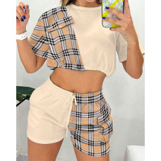 Plaid Print Colorblock Crop Top & Drawstring Shorts Set - Apricot