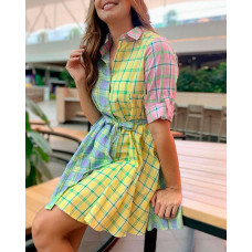 Plaid Print Colorblock Half Sleeve Shirt Dress - Multicolor