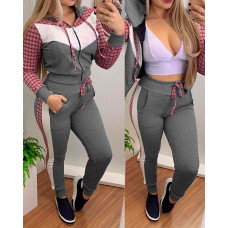 Plaid Print Colorblock Hooded Top & Drawstring Pants Set - gray