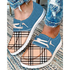 Plaid Print Colorblock Lace-up Slip On Sneakers - blue