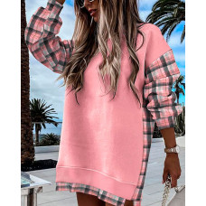 Plaid Print Colorblock Long Sleeve Sweatshirt Dress - pink