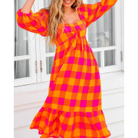 Plaid Print Colorblock Puff Sleeve Ruffles Casual Dress - orange