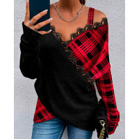 Plaid Print Contrast Lace Cold Shoulder Wrap Top - black