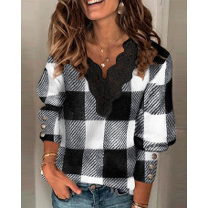 Plaid Print Contrast Lace Long Sleeve Top - blackwhite