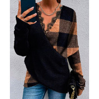 Plaid Print Contrast Lace Long Sleeve Wrap Top - black