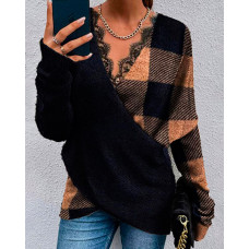 Plaid Print Contrast Lace Long Sleeve Wrap Top - black