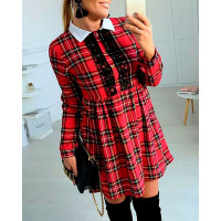 Plaid Print Contrast Lace Shirt Dress - red