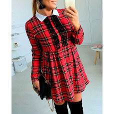 Plaid Print Contrast Lace Shirt Dress - red