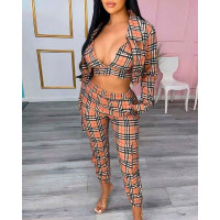 Plaid Print Crop Top & High Waist Pants Set With Coat - red