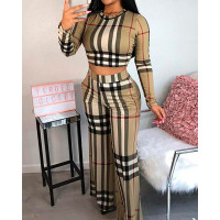 Plaid Print Crop Top & Wide Leg Pants Sets - khaki