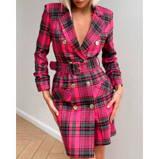 Plaid Print Double Breasted Blazer Dress - hot pink