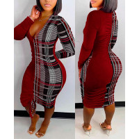 Plaid Print Drawstring Ruched Bodycon Dress - red