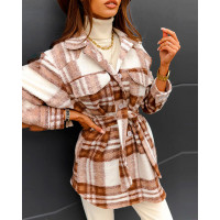 Plaid Print Flap Detail Button Down Belted Shacket - khaki