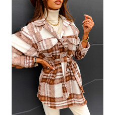 Plaid Print Flap Detail Button Down Belted Shacket - khaki