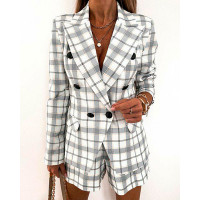 Plaid Print Flap Detail Double Breasted Blazer Coat - gray