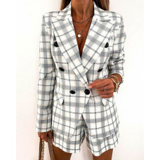 Plaid Print Flap Detail Double Breasted Blazer Coat - gray