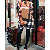 Plaid Print Heap Neck Drawstring Casual Dress - khaki