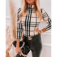 Plaid Print High Neck Long Sleeve Top - style1