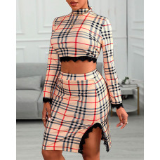 Plaid Print High Neck Top & Slit Skirt Set - khaki