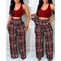 Plaid Print High Waist Pants - Multicolor