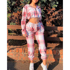 Plaid Print Hooded Crop Top & Drawstring Pants Set - pink