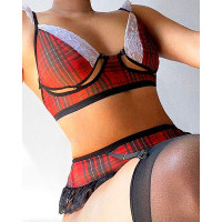 Plaid Print Lace Patch Cutout Garter Lingerie Set - red