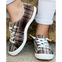 Plaid Print Lace-Up Canvas Sneakers - khaki